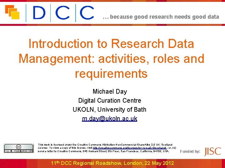 … because good research needs good data Introduction to Research Data Management: activities, roles