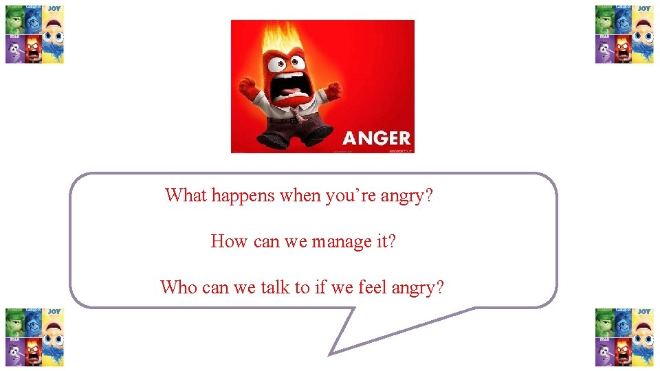 What happens when you’re angry? How can we manage it? Who can we talk