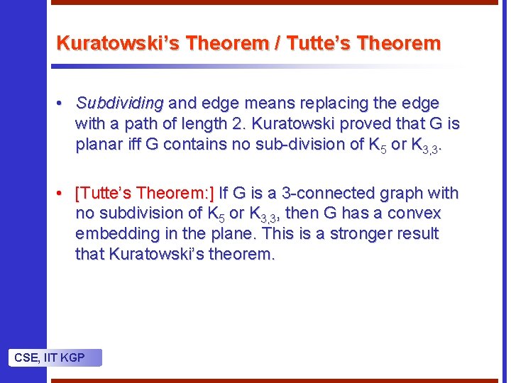 Kuratowski’s Theorem / Tutte’s Theorem • Subdividing and edge means replacing the edge with