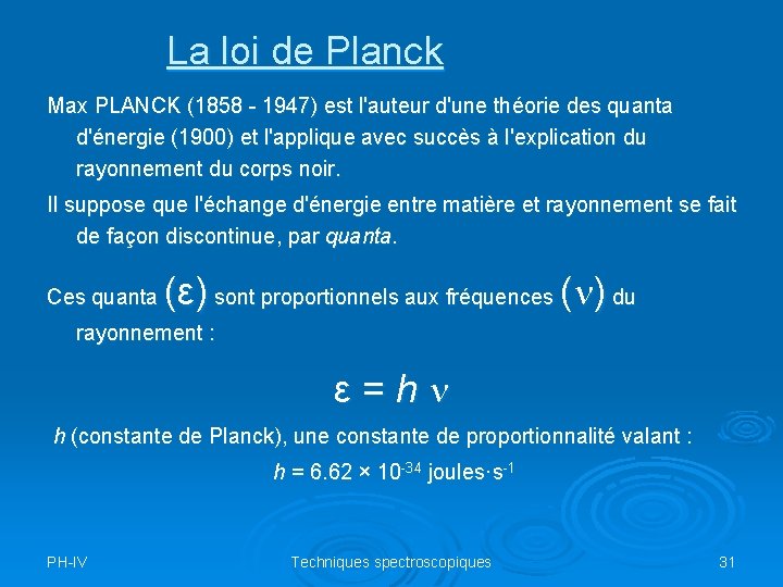 La loi de Planck Max PLANCK (1858 - 1947) est l'auteur d'une théorie des