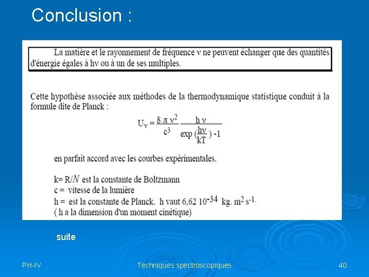 Conclusion : suite PH-IV Techniques spectroscopiques 40 