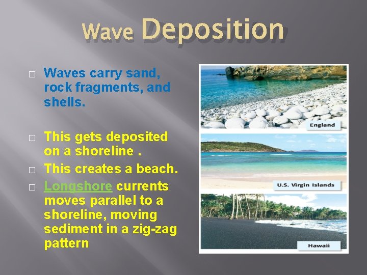 Wave Deposition � Waves carry sand, rock fragments, and shells. � This gets deposited