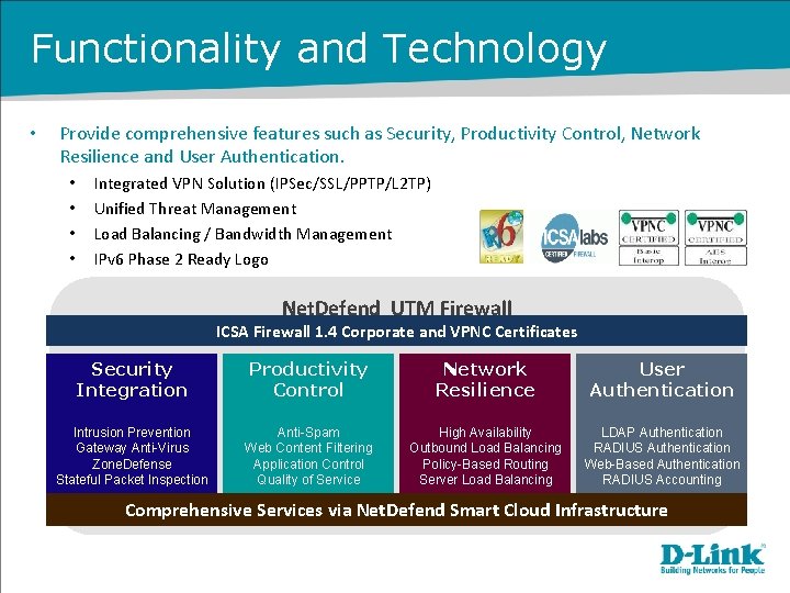 Functionality and Technology • Provide comprehensive features such as Security, Productivity Control, Network Resilience