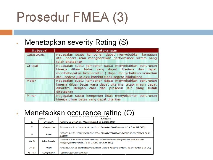 Prosedur FMEA (3) • Menetapkan severity Rating (S) • Menetapkan occurence rating (O) 