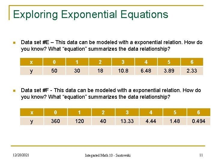 Exploring Exponential Equations n n Data set #E – This data can be modeled Exploring Exponential Equations n n Data set #E – This data can be modeled