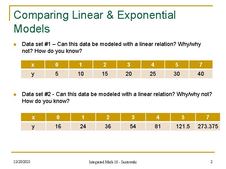 Comparing Linear & Exponential Models n n Data set #1 – Can this data Comparing Linear & Exponential Models n n Data set #1 – Can this data