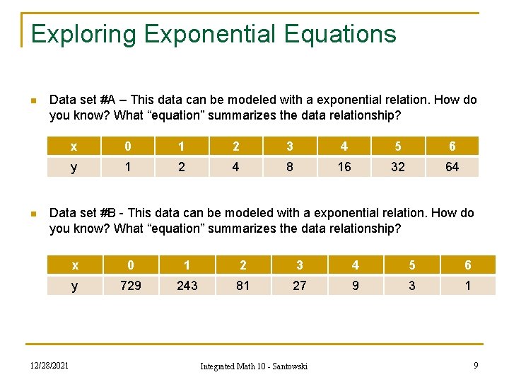 Exploring Exponential Equations n n Data set #A – This data can be modeled Exploring Exponential Equations n n Data set #A – This data can be modeled