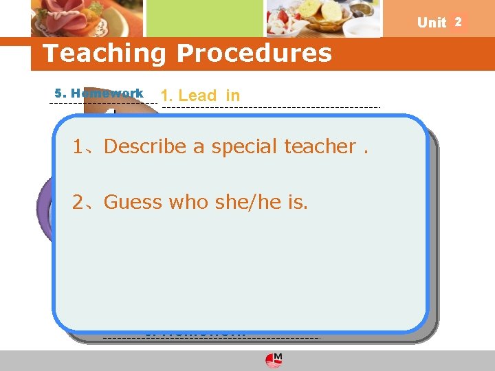 2 Unit 4 Teaching Procedures 5. Homework 1. Lead in 1、Describe a special teacher.