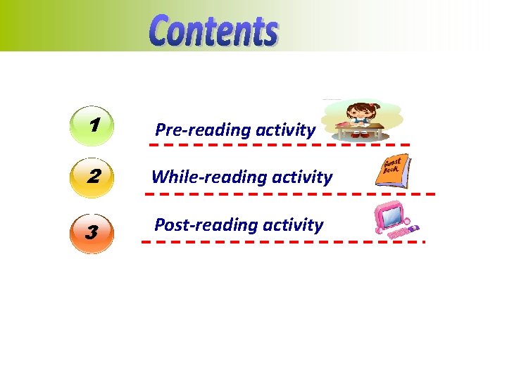 1 Pre-reading activity 2 While-reading activity 3 Post-reading activity 