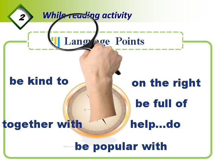 2 While-reading activity Language Points be kind to on the right be full of