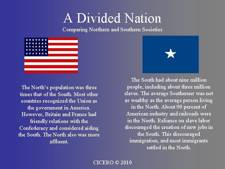 A Divided Nation Comparing Northern and Southern Societies The North’s population was three times