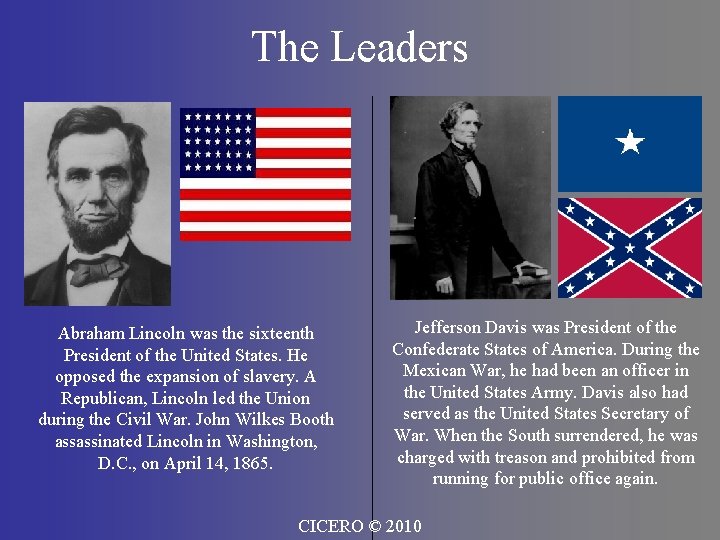 The Leaders Abraham Lincoln was the sixteenth President of the United States. He opposed
