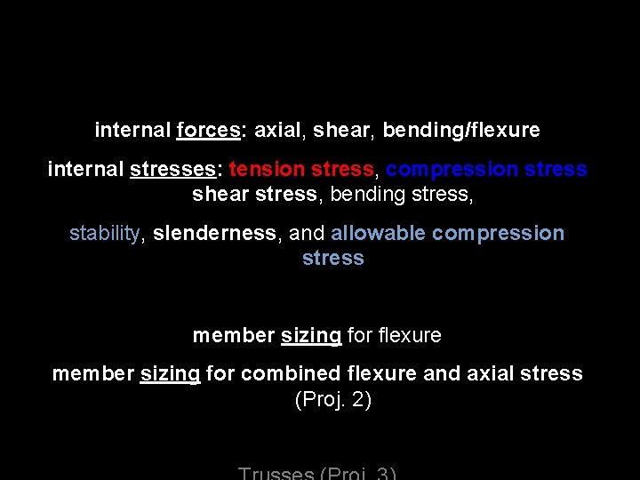 internal forces: axial, shear, bending/flexure internal stresses: tension stress, compression stress shear stress, bending