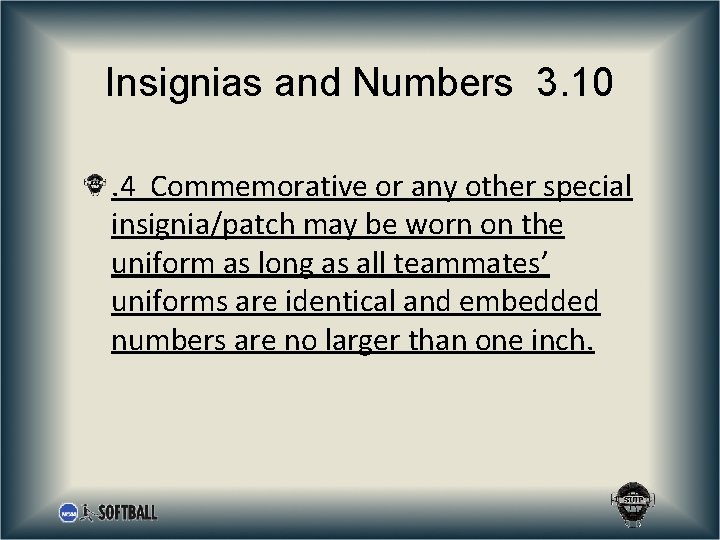 Insignias and Numbers 3. 10. 4 Commemorative or any other special insignia/patch may be