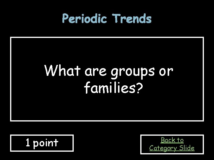 Periodic Trends What are groups or families? 1 point Back to Category Slide Periodic Trends What are groups or families? 1 point Back to Category Slide