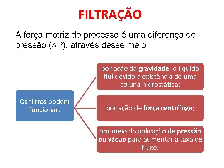 FILTRAÇÃO A força motriz do processo é uma diferença de pressão ( P), através