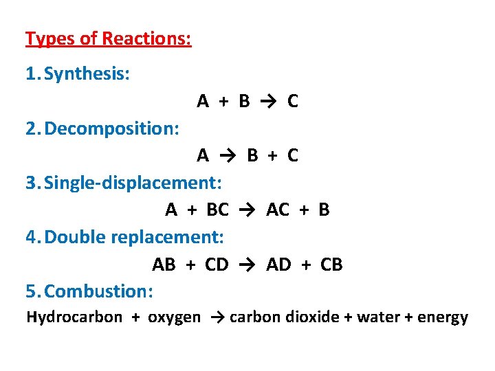 Types of Reactions: 1. Synthesis: A + B → C 2. Decomposition: A →