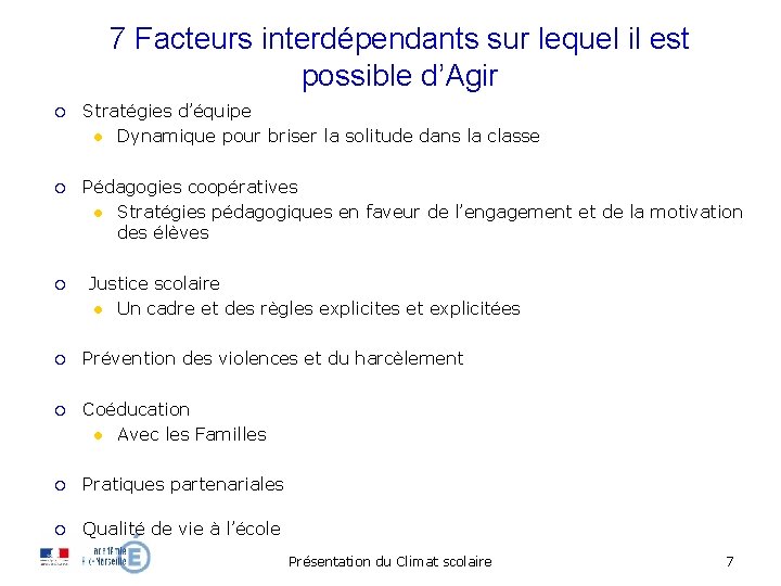 7 Facteurs interdépendants sur lequel il est possible d’Agir Stratégies d’équipe Dynamique pour briser
