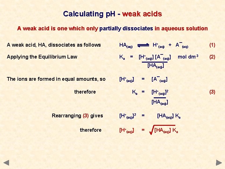 Calculating p. H - weak acids A weak acid is one which only partially