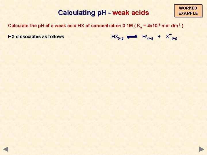 WORKED EXAMPLE Calculating p. H - weak acids Calculate the p. H of a