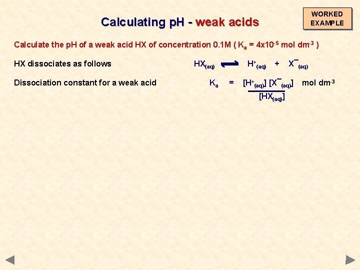 WORKED EXAMPLE Calculating p. H - weak acids Calculate the p. H of a