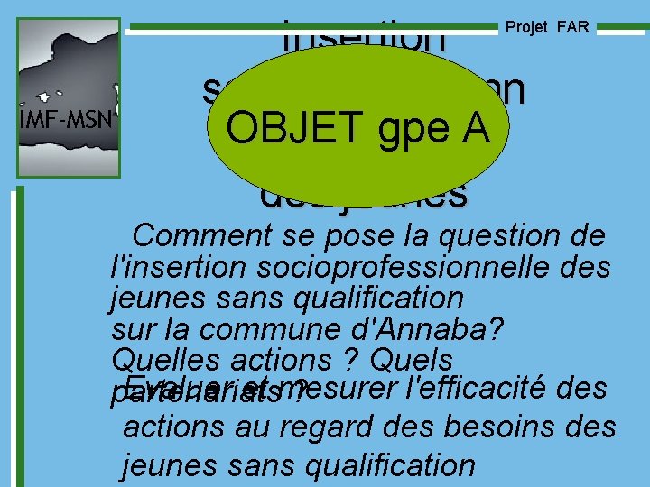 Insertion socioprofessionn OBJET gpe A elle des jeunes Projet FAR IMF-MSN Comment se pose