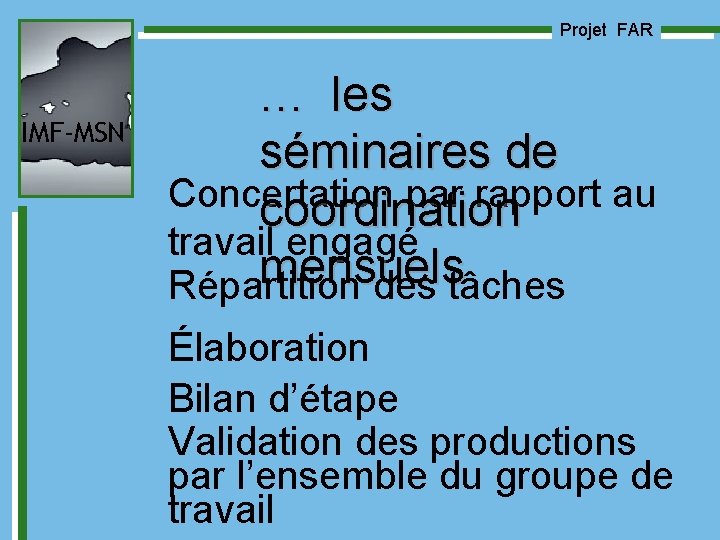 Projet FAR IMF-MSN … les séminaires de Concertation par rapport au coordination travail engagé