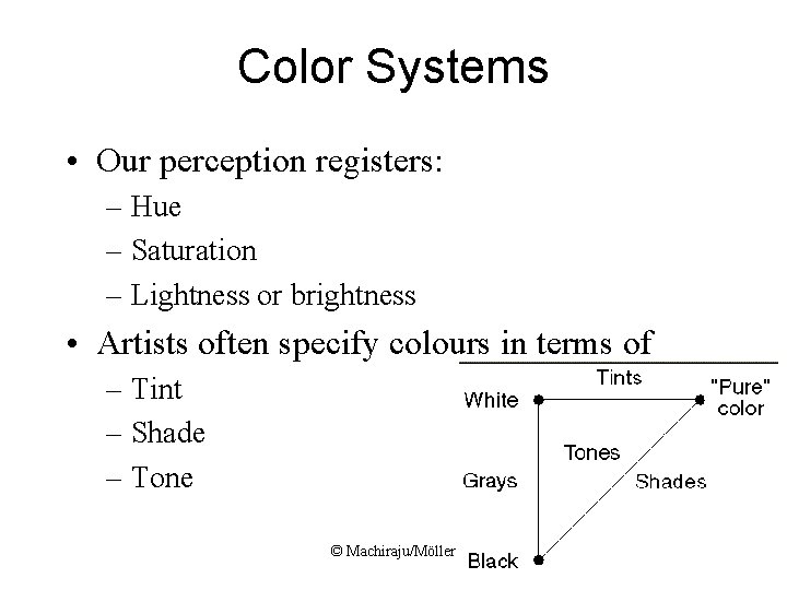 Color Systems • Our perception registers: – Hue – Saturation – Lightness or brightness