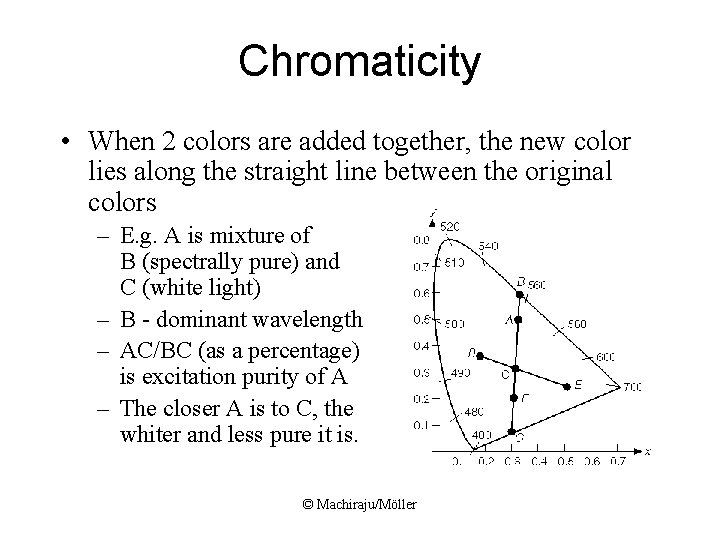 Chromaticity • When 2 colors are added together, the new color lies along the