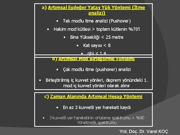 a) Artımsal Eşdeğer Yatay Yük Yöntemi (İtme analizi) • • Tek modlu itme analizi