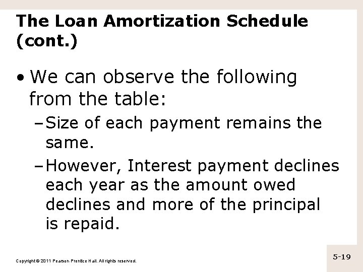 The Loan Amortization Schedule (cont. ) • We can observe the following from the