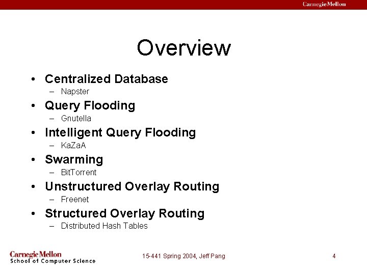 Overview • Centralized Database – Napster • Query Flooding – Gnutella • Intelligent Query