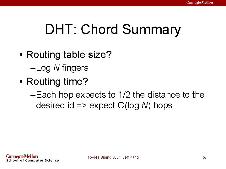 DHT: Chord Summary • Routing table size? – Log N fingers • Routing time?