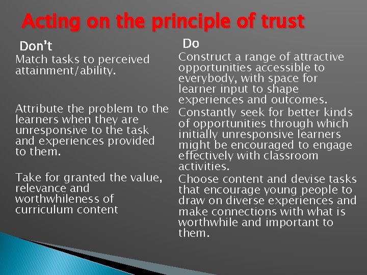 Acting on the principle of trust Don’t Do Construct a range of attractive opportunities