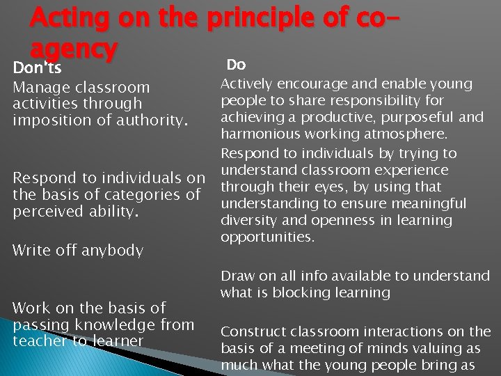 Acting on the principle of coagency Do Don’ts Manage classroom activities through imposition of