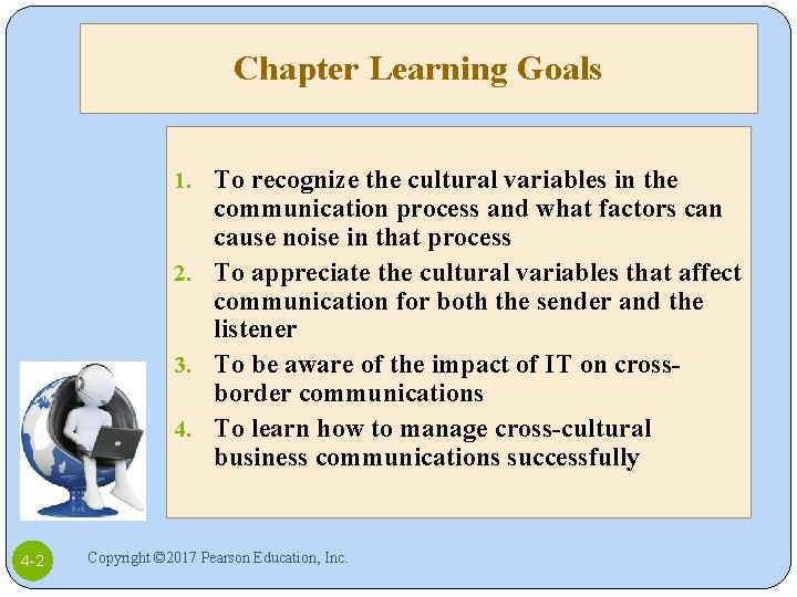 Chapter Learning Goals 1. To recognize the cultural variables in the communication process and