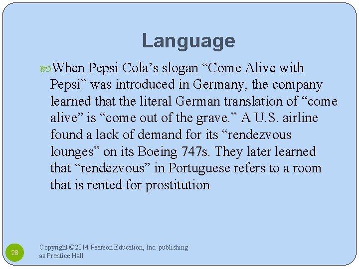 Language When Pepsi Cola’s slogan “Come Alive with Pepsi” was introduced in Germany, the