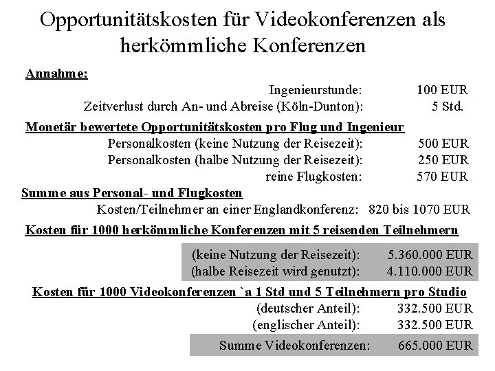 Opportunitätskosten für Videokonferenzen als herkömmliche Konferenzen Annahme: Ingenieurstunde: Zeitverlust durch An- und Abreise (Köln-Dunton):