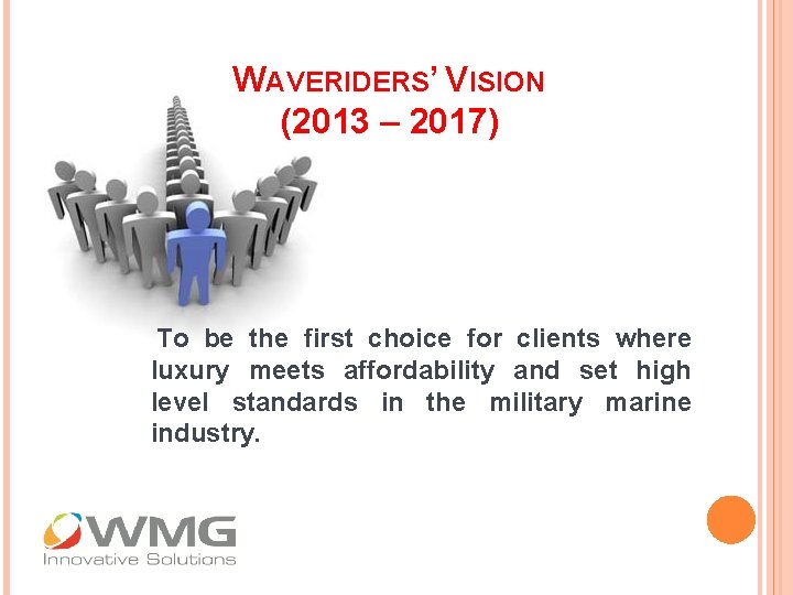 WAVERIDERS’ VISION (2013 – 2017) To be the first choice for clients where luxury