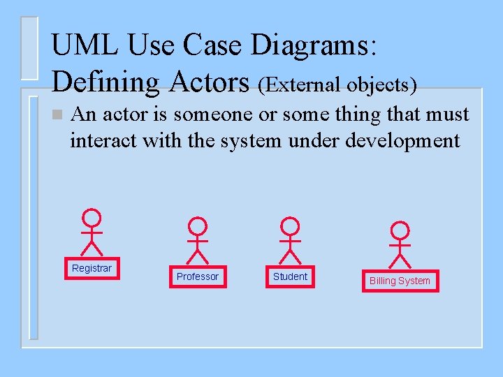 UML Use Case Diagrams: Defining Actors (External objects) n An actor is someone or