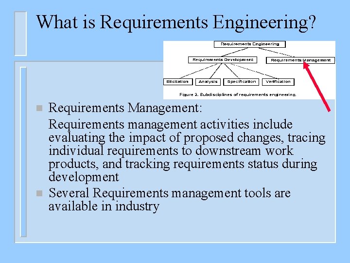 What is Requirements Engineering? n n Requirements Management: Requirements management activities include evaluating the