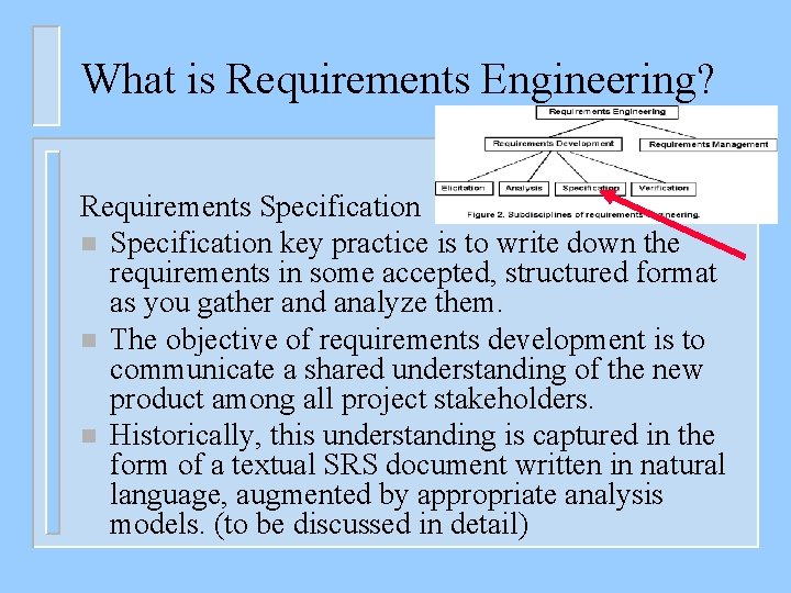What is Requirements Engineering? Requirements Specification n Specification key practice is to write down