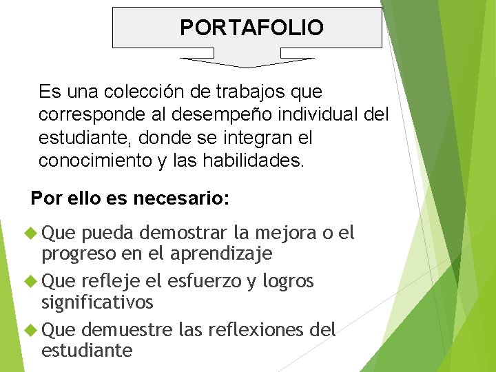 PORTAFOLIO Es una colección de trabajos que corresponde al desempeño individual del estudiante, donde