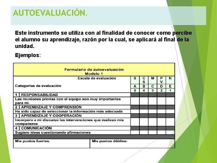 AUTOEVALUACIÓN. Este instrumento se utiliza con al finalidad de conocer como percibe el alumno