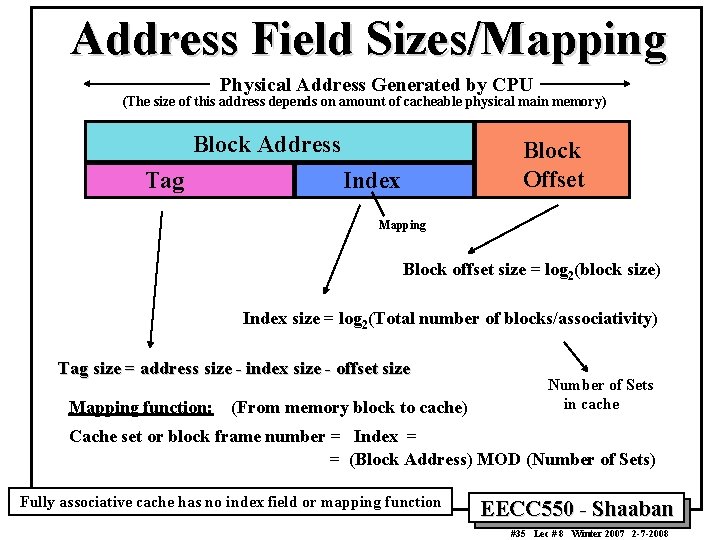 Address Field Sizes/Mapping Physical Address Generated by CPU (The size of this address depends Address Field Sizes/Mapping Physical Address Generated by CPU (The size of this address depends
