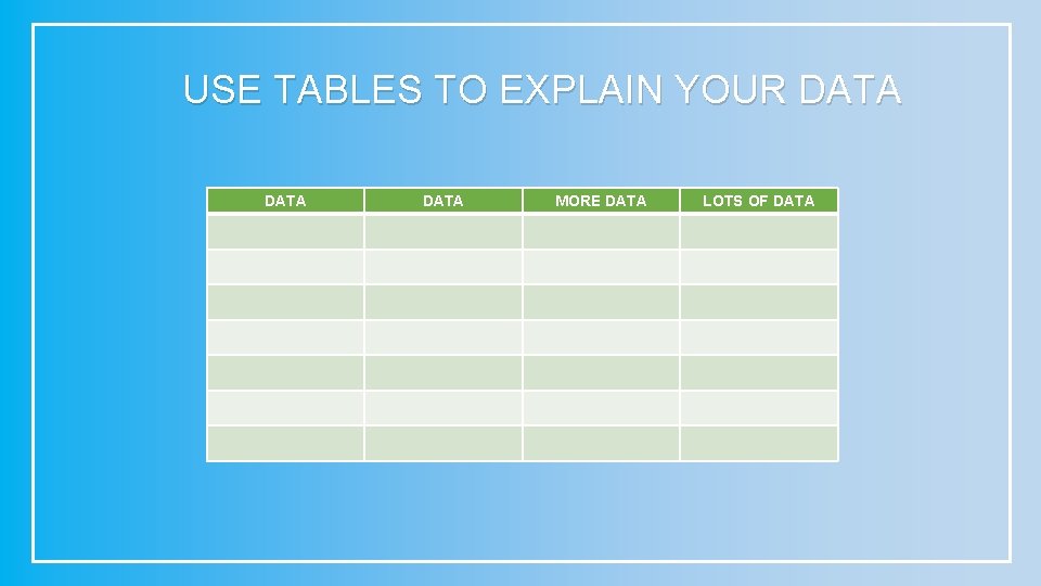 USE TABLES TO EXPLAIN YOUR DATA MORE DATA LOTS OF DATA 