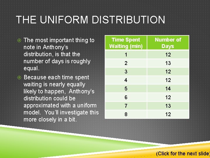 THE UNIFORM DISTRIBUTION The most important thing to note in Anthony’s distribution, is that