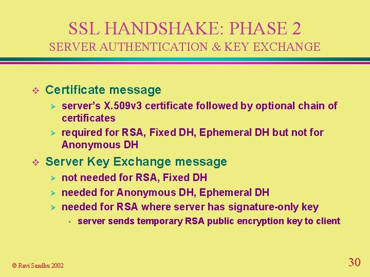 SSL HANDSHAKE: PHASE 2 SERVER AUTHENTICATION & KEY EXCHANGE v Certificate message Ø Ø