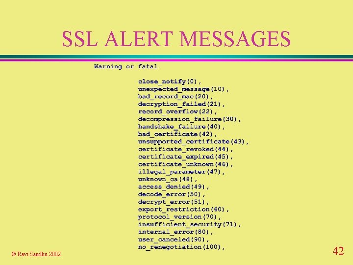 SSL ALERT MESSAGES © Ravi Sandhu 2002 42 