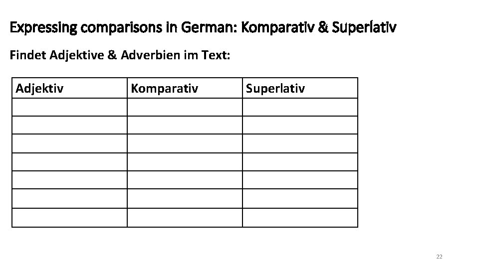 Expressing comparisons in German: Komparativ & Superlativ Findet Adjektive & Adverbien im Text: Adjektiv